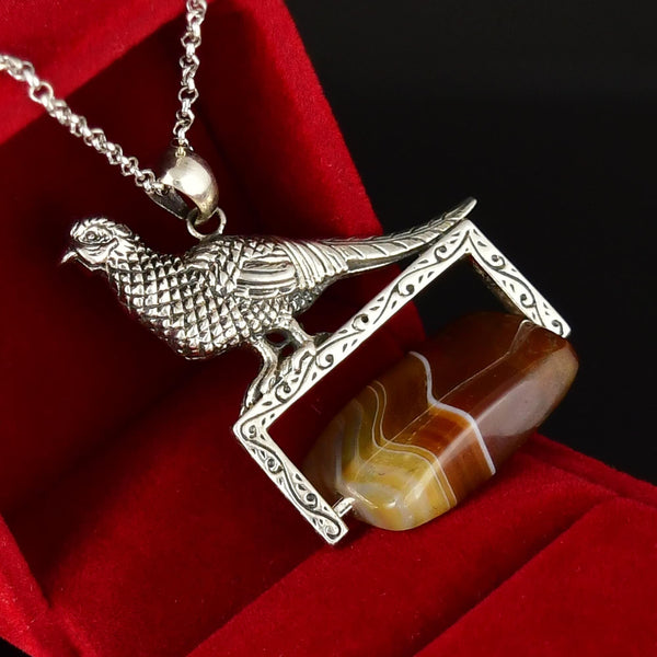 Sterling Silver Pheasant Banded Agate Spinner Fob Necklace