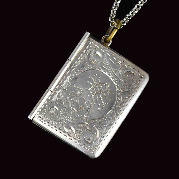 Antique Silver Engraved Envelope Stamp Holder Pendant Necklace - Boylerpf