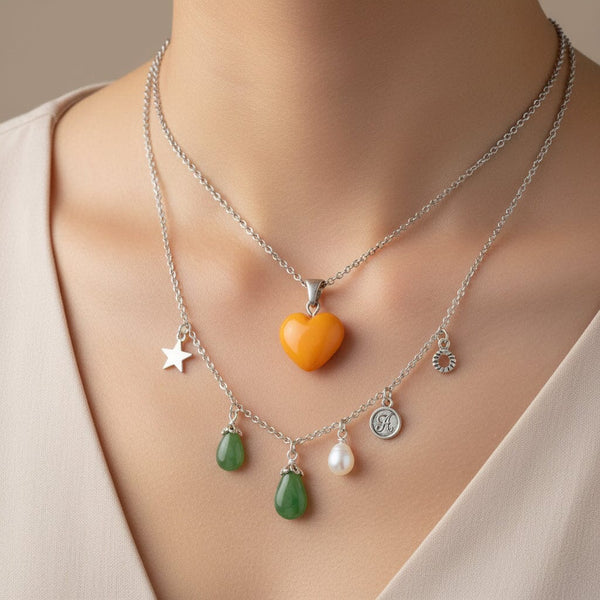 Vintage Sterling Silver Butterscotch Amber Heart Charm Necklace - Boylerpf