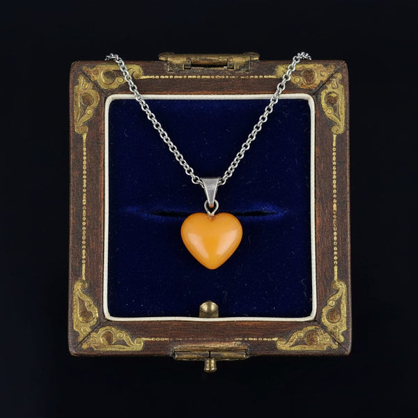 Vintage Sterling Silver Butterscotch Amber Heart Charm Necklace - Boylerpf