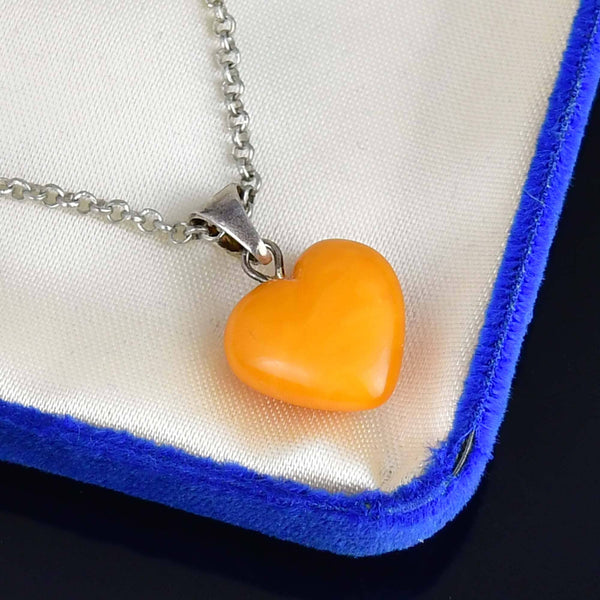 Vintage Sterling Silver Butterscotch Amber Heart Charm Necklace - Boylerpf