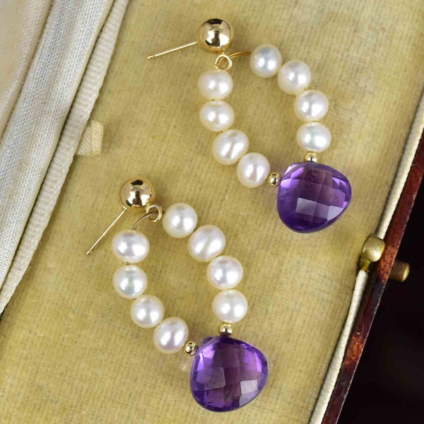 Vintage 14K Gold Amethyst Pearl Stud Hoop Drop Earrings - Boylerpf