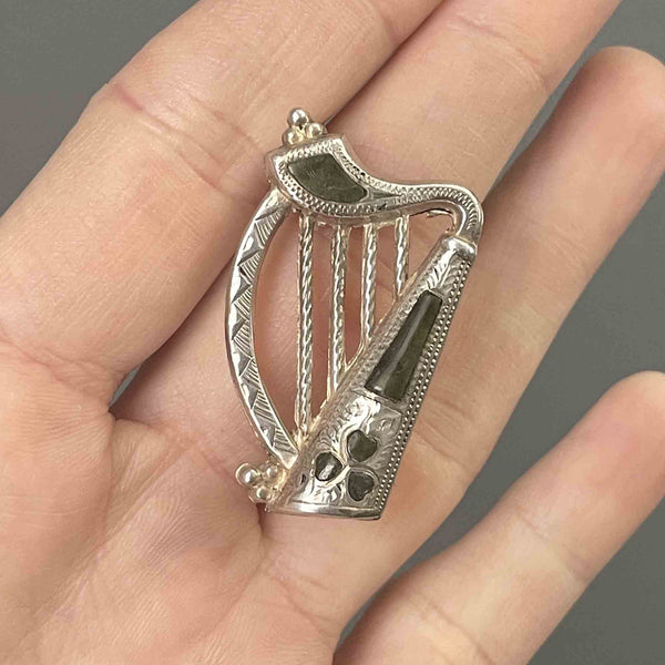 Antique Victorian Silver Irish Connemara Marble Harp Brooch - Boylerpf