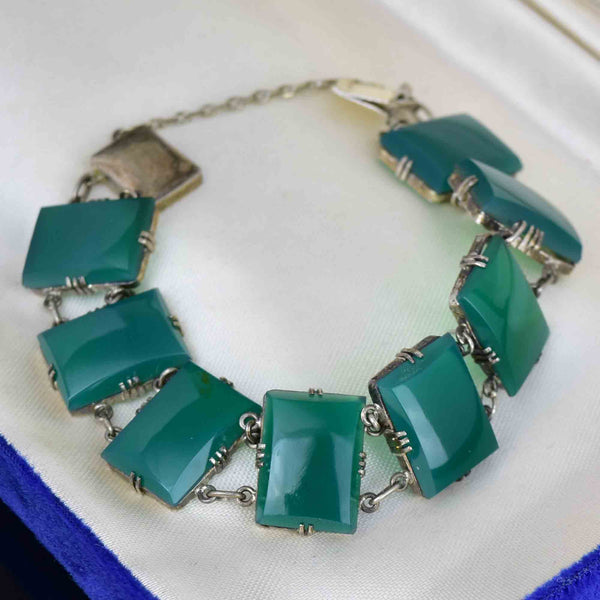 Sterling Silver Art Deco Chrysoprase Wide Link Chain Bracelet - Boylerpf