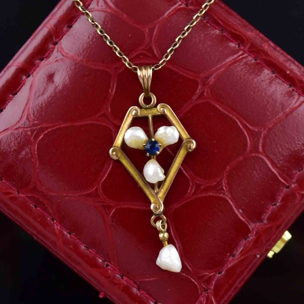 Edwardian 10K Gold Pearl Sapphire Lavalier Pendant Necklace - Boylerpf