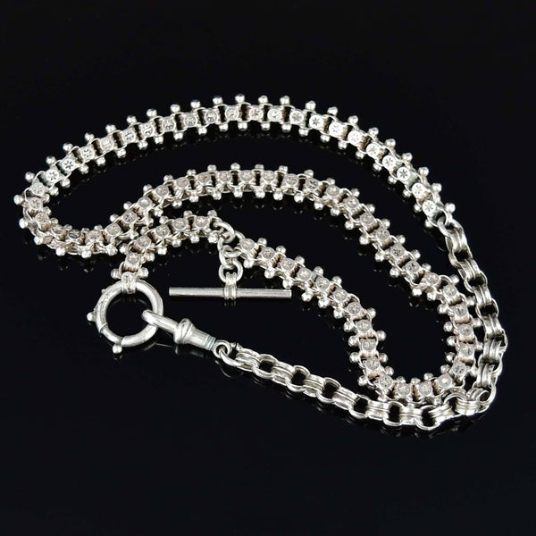 Antique Victorian Sterling Silver Star Engraved Watch Chain Necklace