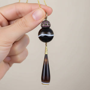 Antique 9K Gold Large Banded Agate Ruby Pendant - Boylerpf