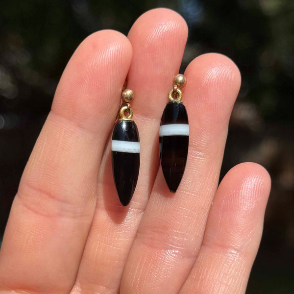 Antique Gold Banded Agate Screw Back Drop Earrings - Boylerpf