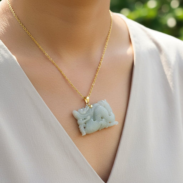 14K Gold Large Carved Jadeite Dragon Pendant Necklace