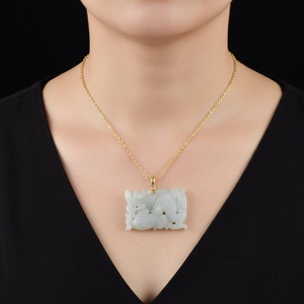 14K Gold Large Carved Jadeite Dragon Pendant Necklace