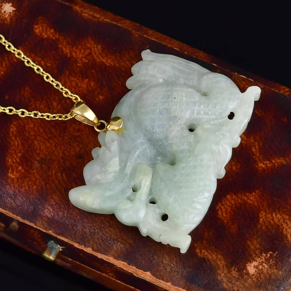14K Gold Large Carved Jadeite Dragon Pendant Necklace
