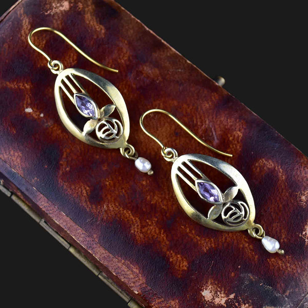 Vintage Arts and Crafts Style Amethyst Pearl Earrings - Boylerpf