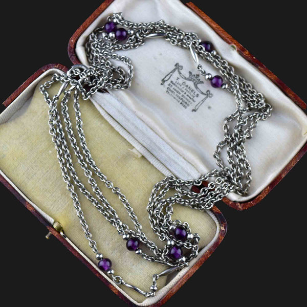 Vintage Silver Garnet Muff Guard Chain Necklace - Boylerpf