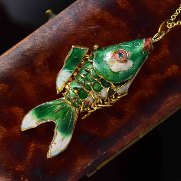 Vintage Articulated Green Enamel Koi Fish Pendant Necklace - Boylerpf