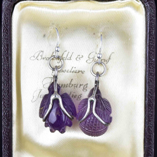 Silver Carved Amethyst Cabochon Bug Leaf Drop Earrings - Boylerpf