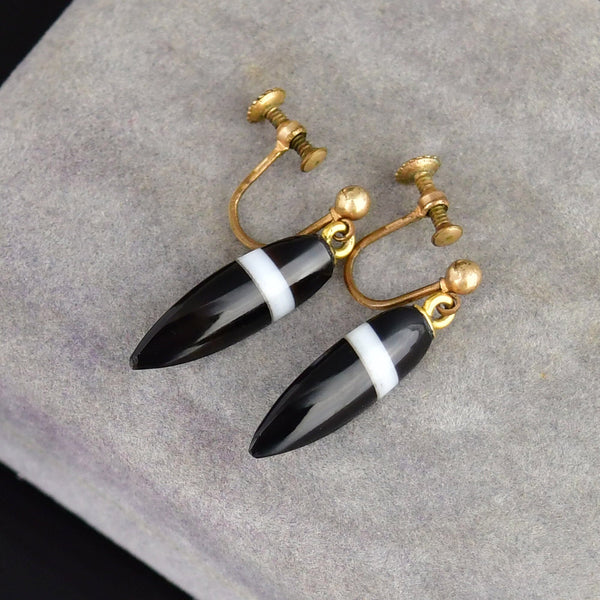 Antique Gold Banded Agate Screw Back Drop Earrings - Boylerpf