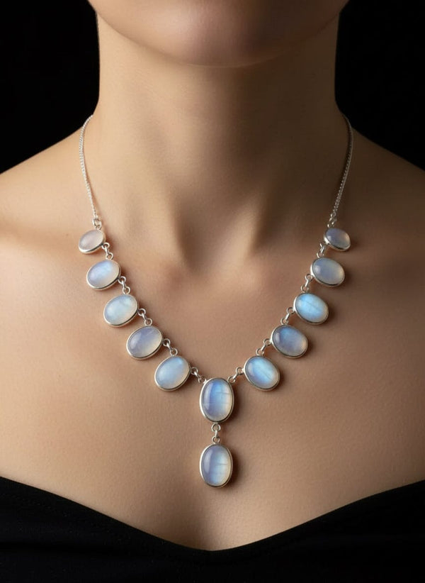 Antique Silver Translucent Blue Cabochon Moonstone Necklace