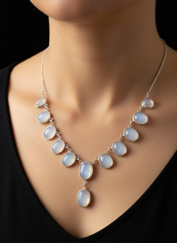 Antique Silver Translucent Blue Cabochon Moonstone Necklace