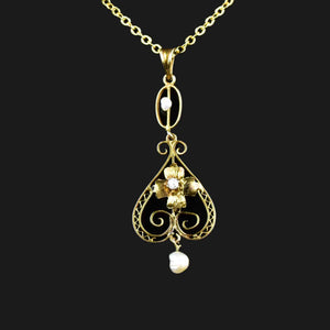 Art Nouveau 10K Gold Filigree Diamond Pearl Lavaliere Necklace - Boylerpf