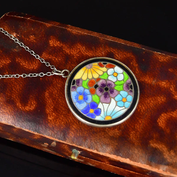 Vintage Bernard Instone Silver Enamel Flower Pendant Necklace