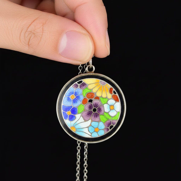 Vintage Bernard Instone Silver Enamel Flower Pendant Necklace