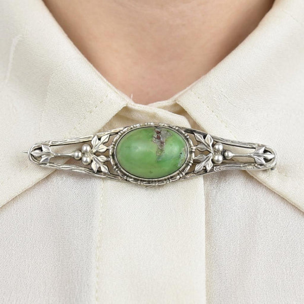 Antique Arts & Crafts Sterling Silver Natural Turquoise Brooch