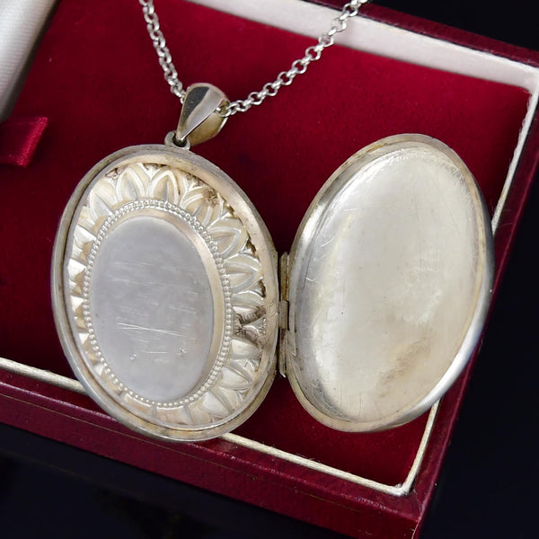 Antique Engraved Silver Heron Bird Locket Necklace