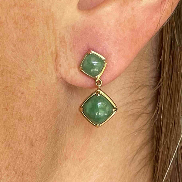 Gold Natural Jade Cabochon Geometric Drop Earrings - Boylerpf