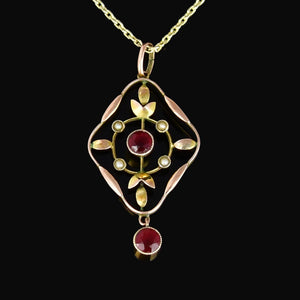Antique Edwardian 9K Gold Garnet Seed Pearl Pendant Necklace - Boylerpf