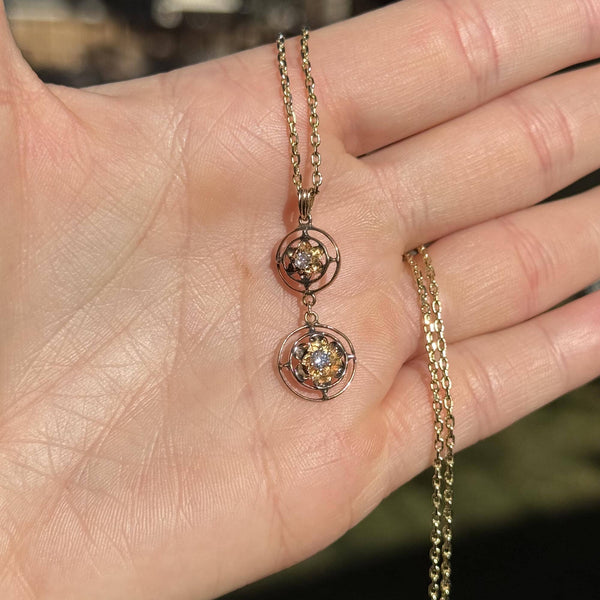 Antique 10K Gold Victorian Diamond Buttercup Lavalier Pendant