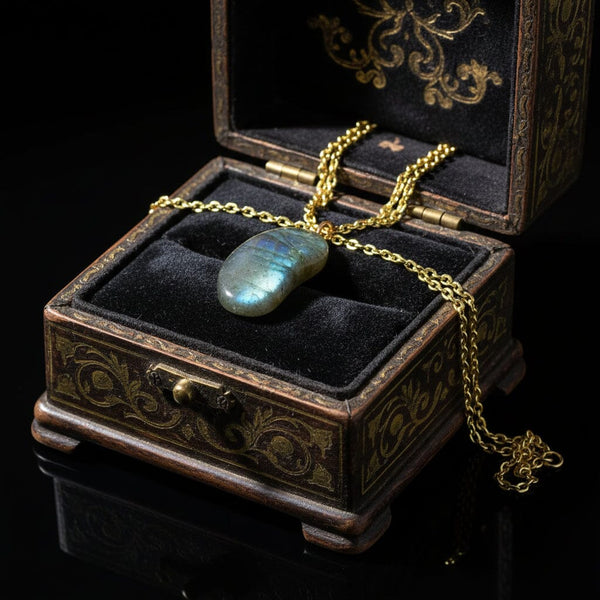 Vintage Gold Labradorite Lucky Bean Charm Necklace - Boylerpf