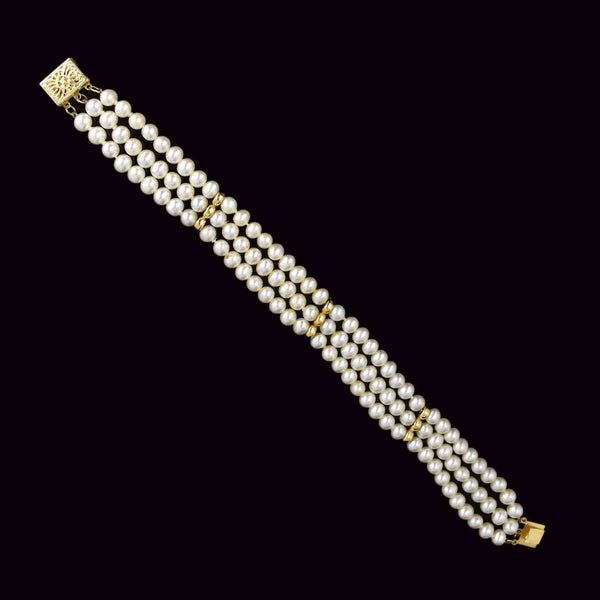 14K Gold Three Row Cultured Pearl Bracelet - Boylerpf