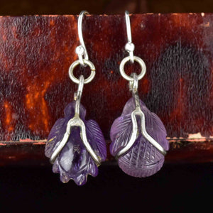 Silver Carved Amethyst Cabochon Bug Leaf Drop Earrings - Boylerpf