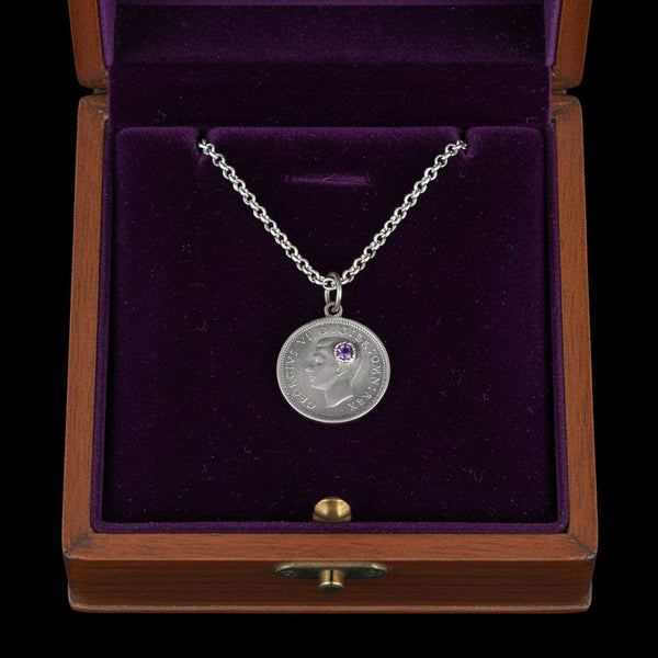 Vintage Three Pence Amethyst King George Coin Necklace - Boylerpf