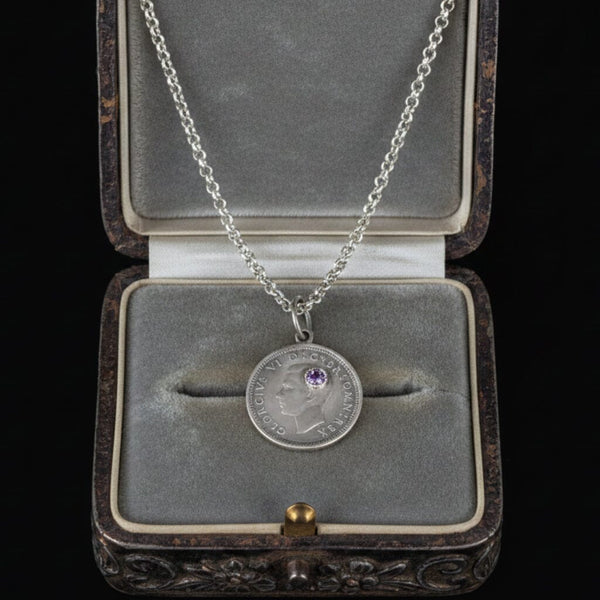 Vintage Three Pence Amethyst King George Coin Necklace - Boylerpf