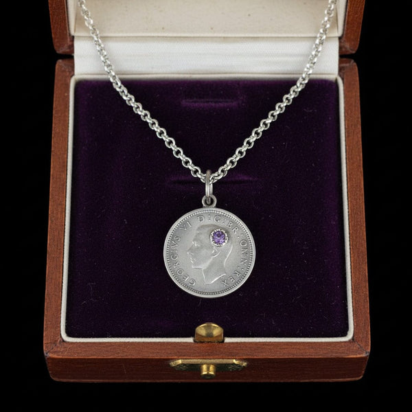 Vintage Three Pence Amethyst King George Coin Necklace - Boylerpf