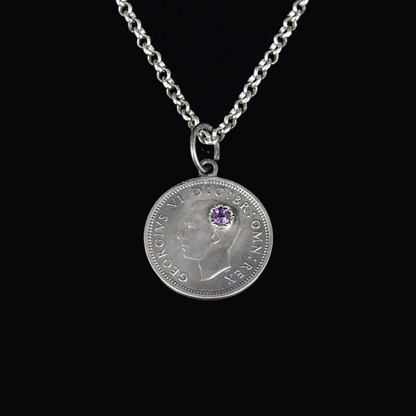 Vintage Three Pence Amethyst King George Coin Necklace - Boylerpf