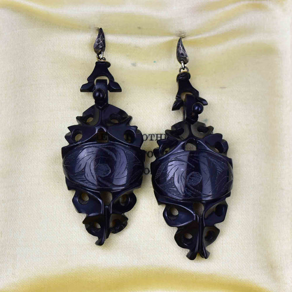 Antique Carved Whitby Jet Victorian Mourning Earrings