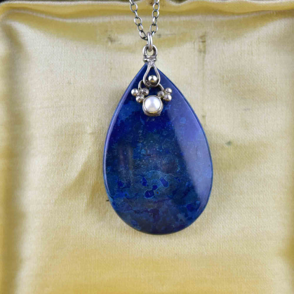 Arts and Crafts Style Silver Lapis Lazuli Pearl Pendant Necklace - Boylerpf