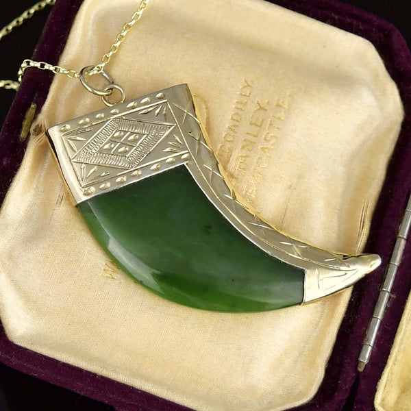 Vintage Large Carved Jade Claw Pendant Necklace
