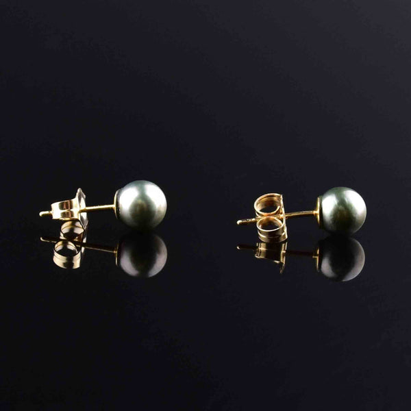 Vintage 14K Gold Black Pearl Stud Earrings - Boylerpf
