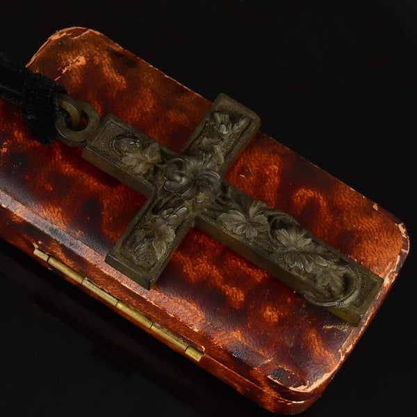 Large Antique Victorian Vulcanite Floral Cross Pendant