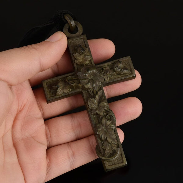Large Antique Victorian Vulcanite Floral Cross Pendant
