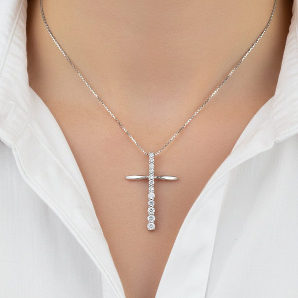 Vintage 9K White Gold Diamond Cross Necklace - Boylerpf