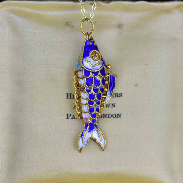 Vintage Gold Vermeil Blue Enamel Koi Articulated Fish Necklace - Boylerpf