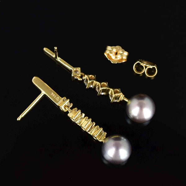 Fine 14K Gold Diamond Gray Pearl Dangle Earrings - Boylerpf