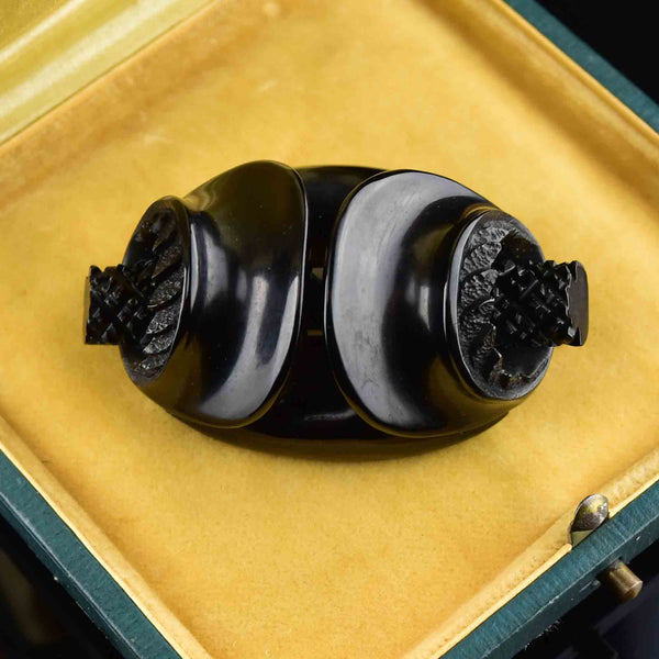 Antique Victorian Large Knot Carved Whitby Jet Brooch - Boylerpf