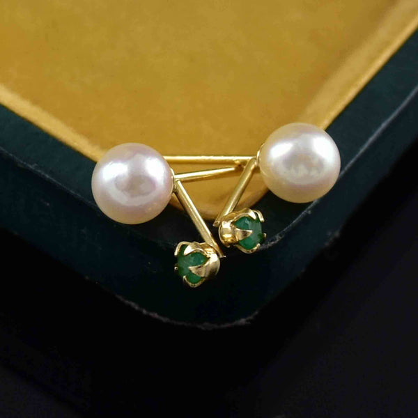 Vintage 14K Gold Emerald Pearl Stud Drop Earrings - Boylerpf