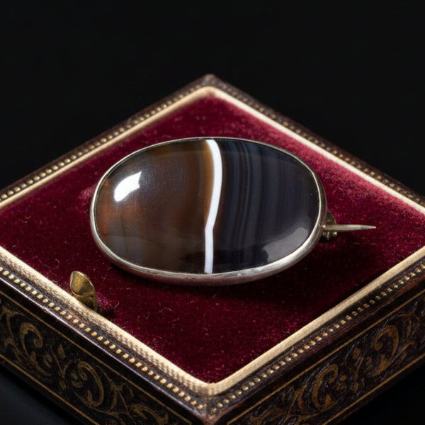 Antique Victorian Silver Scottish Banded Agate Brooch