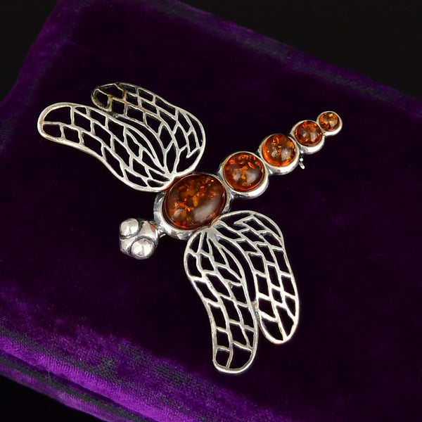 Vintage Amber Dragonfly Sterling Silver Brooch